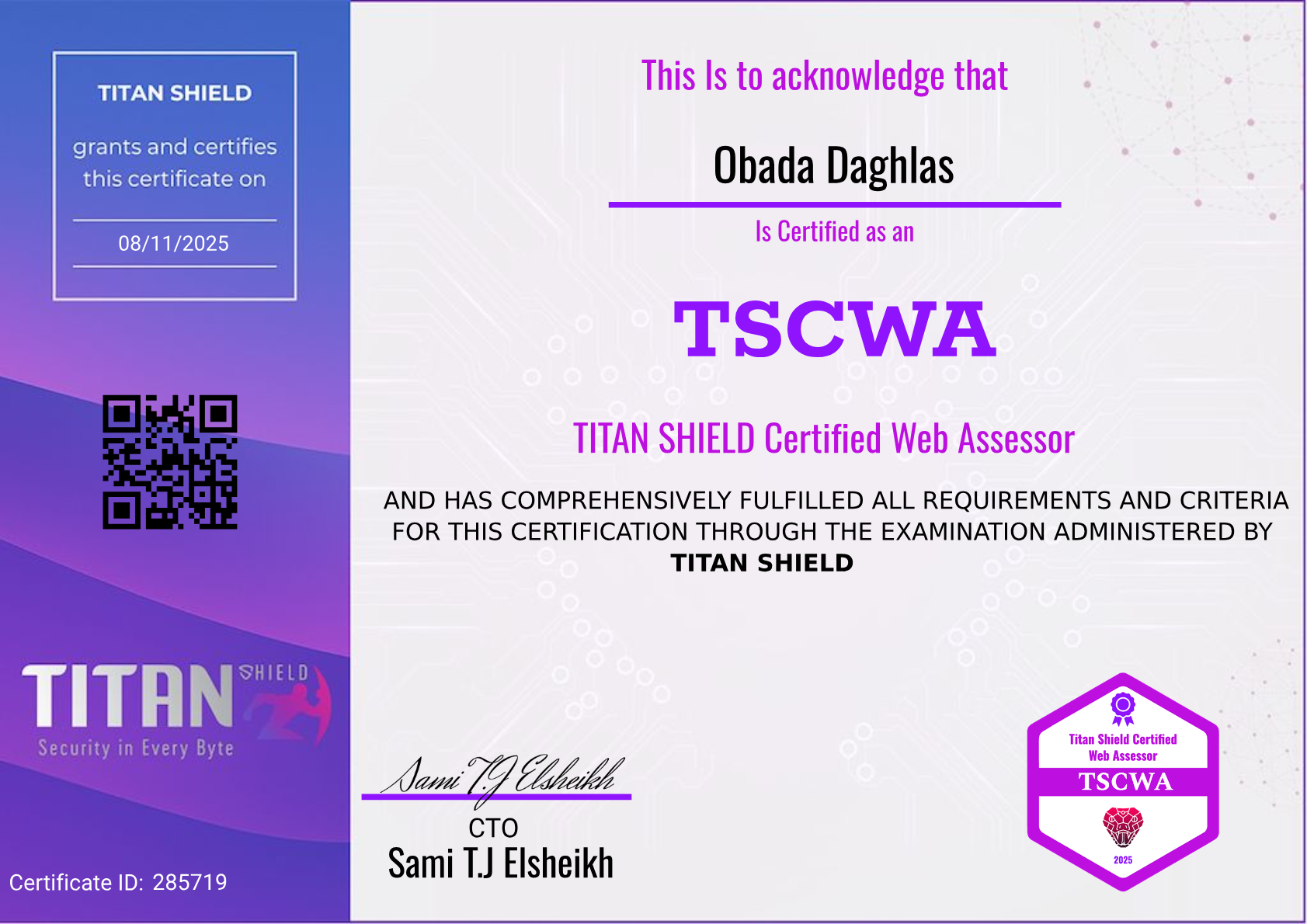Titan Shield Certified Web Assessor Certificate